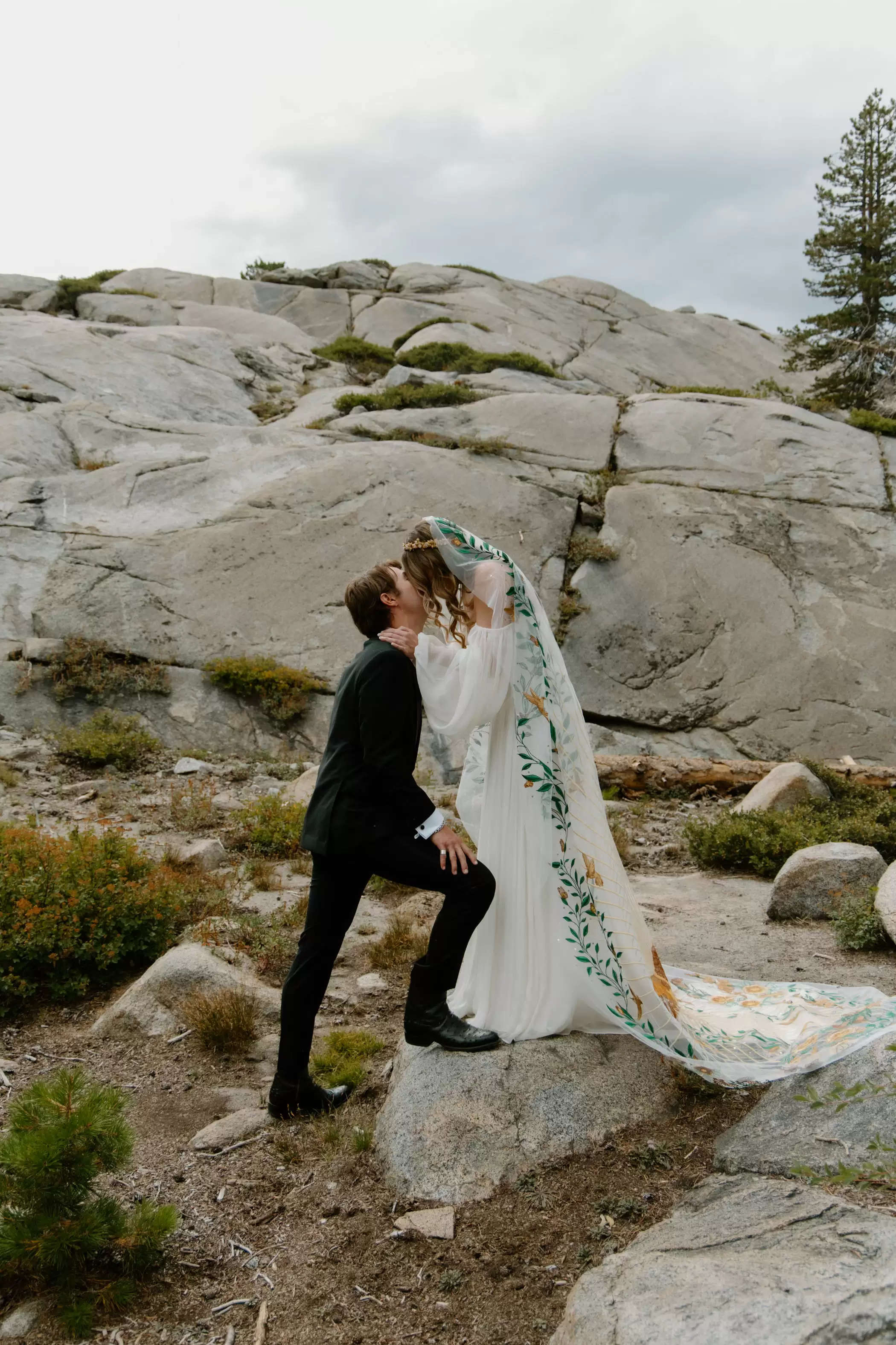 A Rustic Western Marriage ceremony within the Sierra Nevada Mountains with an Epic Embroidered Veil
